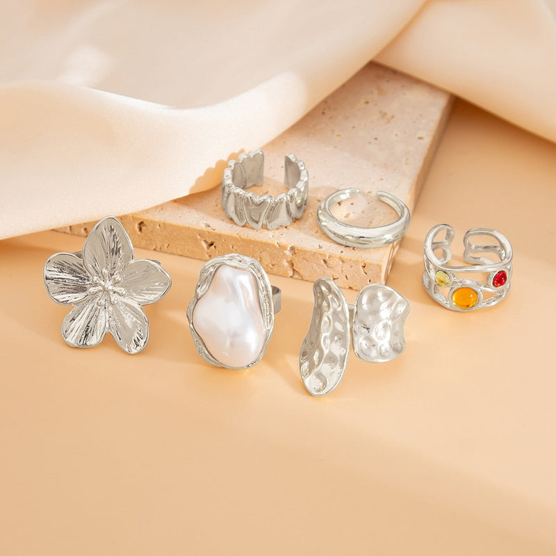 New 2026 6Pcs/Set Vintage Flower Metal Rings