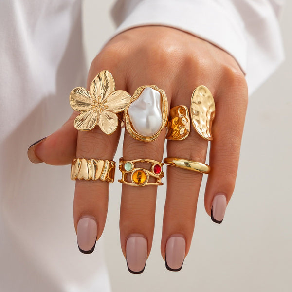 New 2026 6Pcs/Set Vintage Flower Metal Rings