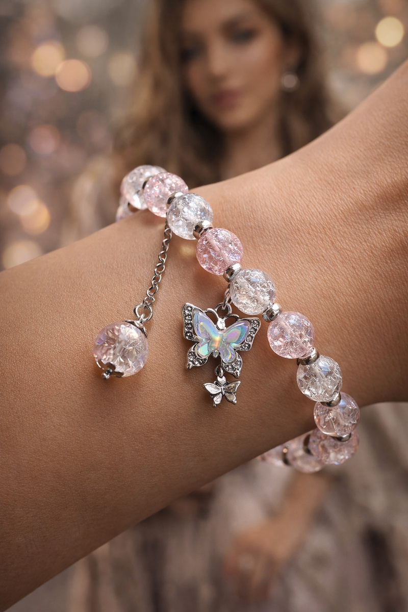 Exquisite Butterfly Charm Pink Dual Beaded Bracelet 💕