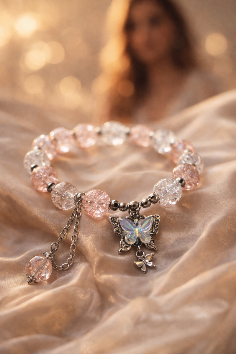 Exquisite Butterfly Charm Pink Dual Beaded Bracelet 💕