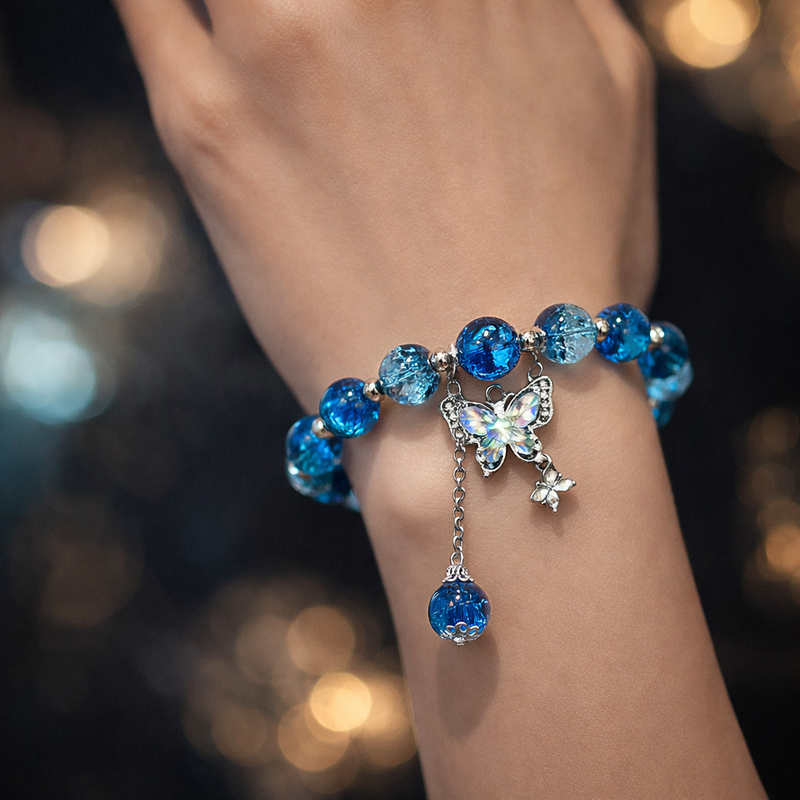 Ocean Blue Crystal Butterfly Charm Bracelet 😍