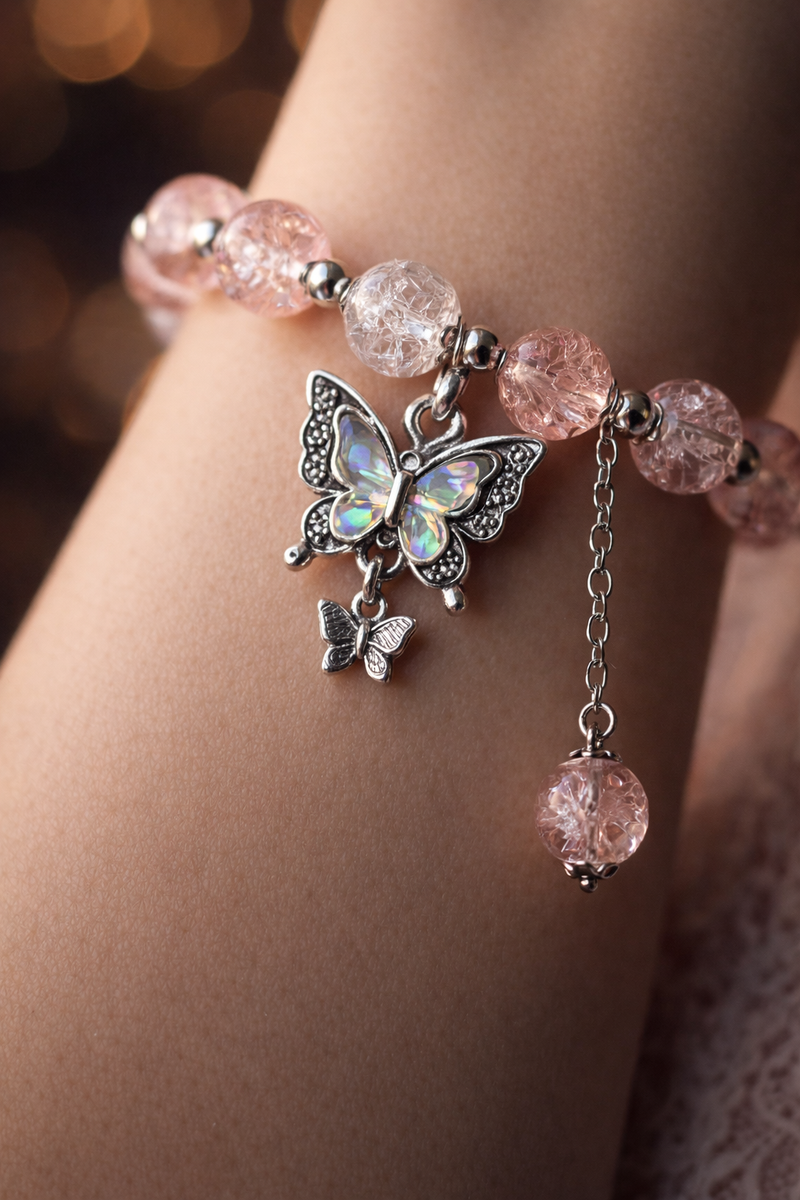 Exquisite Butterfly Charm Pink Dual Beaded Bracelet 💕