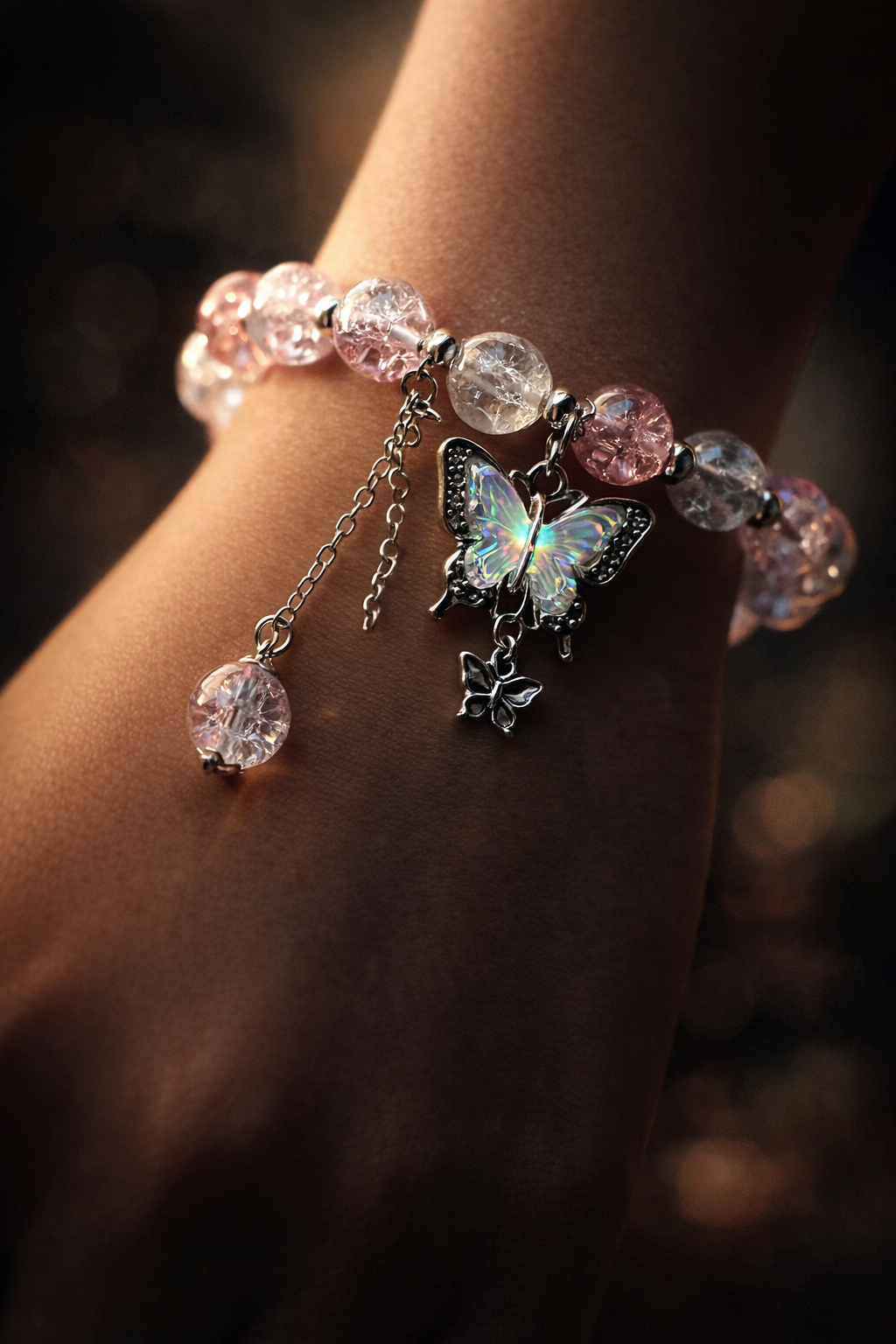 Exquisite Butterfly Charm Pink Dual Beaded Bracelet 💕
