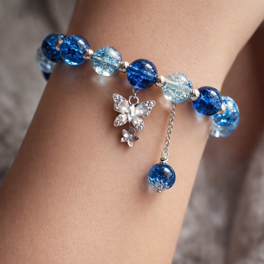 Ocean Blue Crystal Butterfly Charm Bracelet 😍