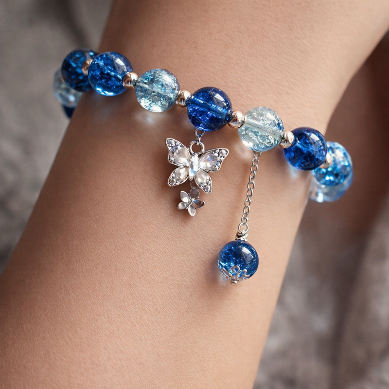 Ocean Blue Crystal Butterfly Charm Bracelet 😍