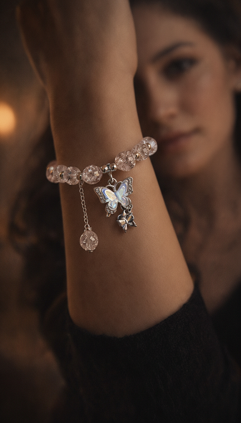 Exquisite Butterfly Charm Pink Dual Beaded Bracelet 💕