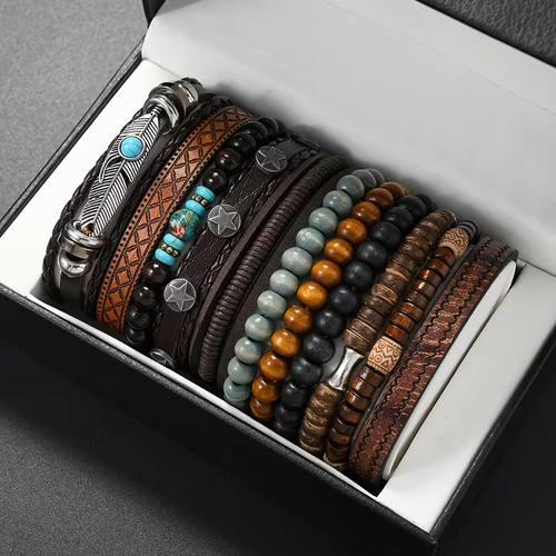 11-Piece Premium Quality Wooden Bead Woven Bracelet for Men