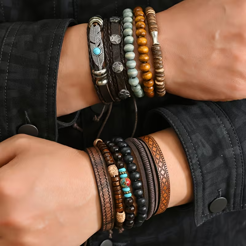 11-Piece Premium Quality Wooden Bead Woven Bracelet for Men