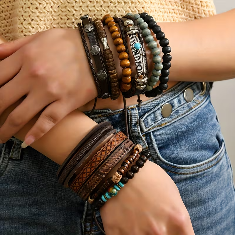11-Piece Premium Quality Wooden Bead Woven Bracelet for Men