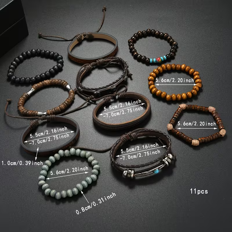 11-Piece Premium Quality Wooden Bead Woven Bracelet for Men