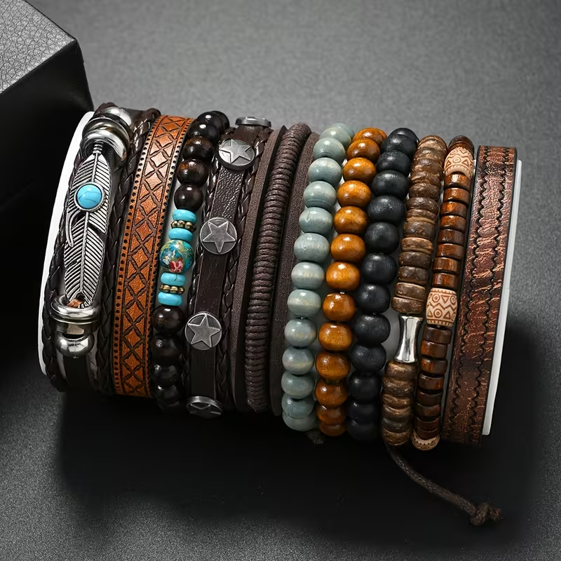 11-Piece Premium Quality Wooden Bead Woven Bracelet for Men