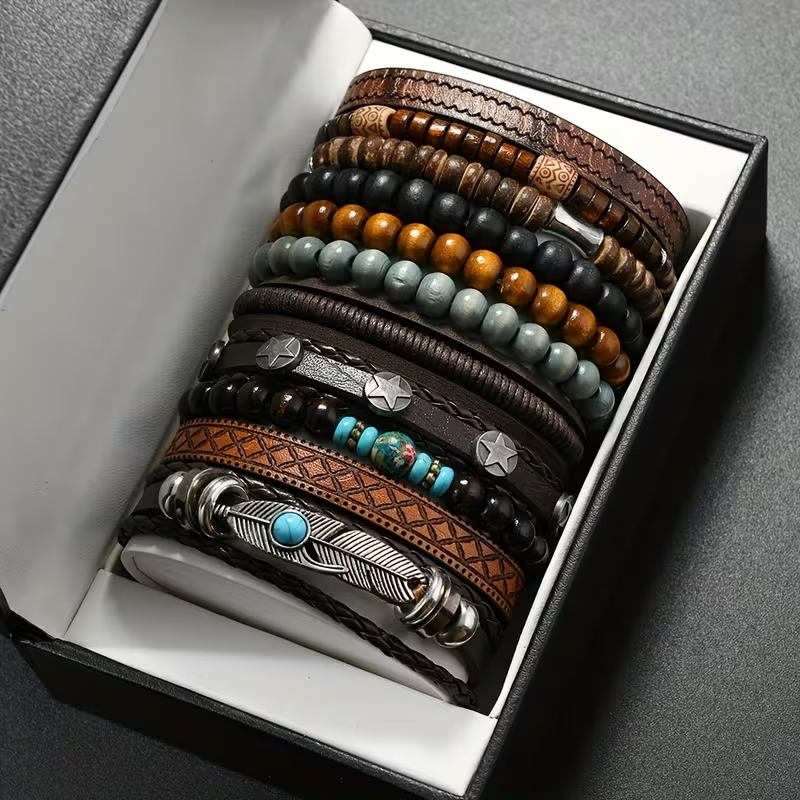 11-Piece Premium Quality Wooden Bead Woven Bracelet for Men