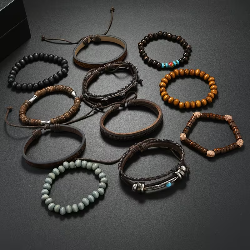 11-Piece Premium Quality Wooden Bead Woven Bracelet for Men