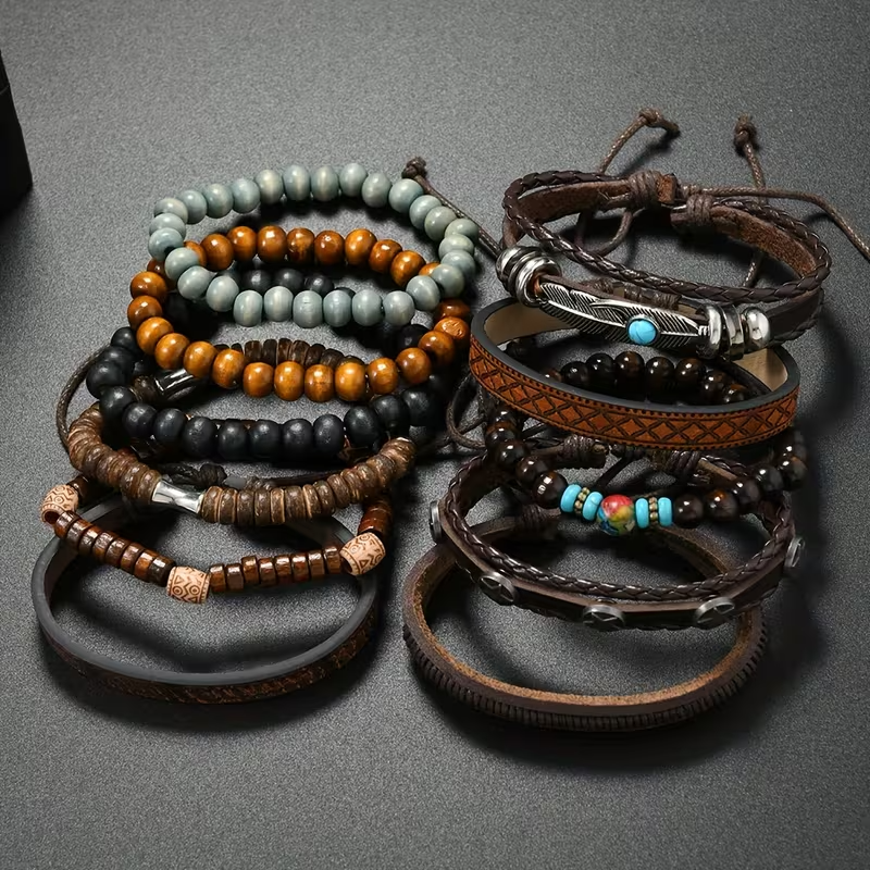 11-Piece Premium Quality Wooden Bead Woven Bracelet for Men